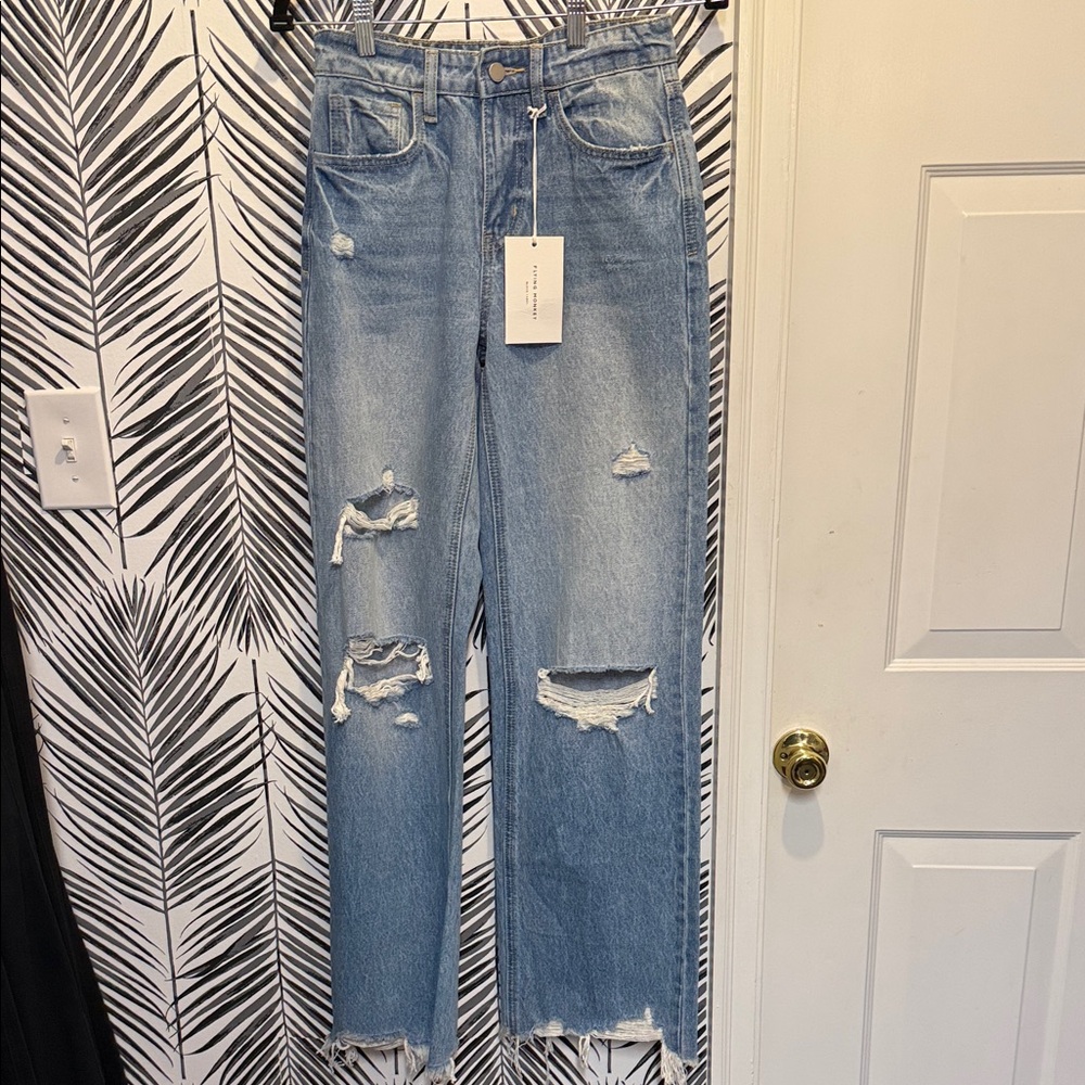 Flying Monkey Light Blue Distressed Straight Leg Jeans
